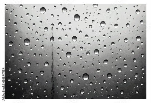 Close-up of water droplets on glass in black and white. Abstract texture background with raindrops and streaks for design or mood visuals.