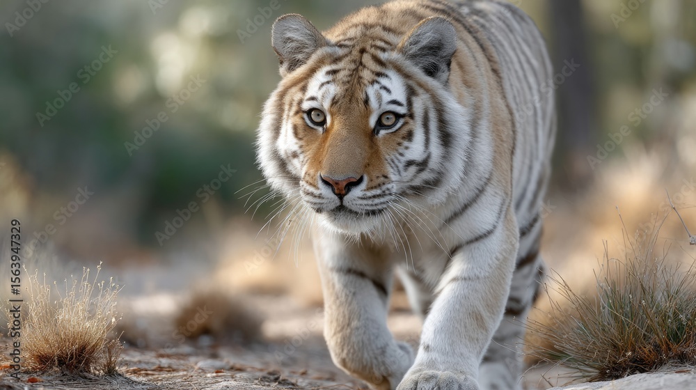 Fototapeta A powerful tiger walks confidently across an open field at golden hour, its intense gaze captivating against a soft-focus background