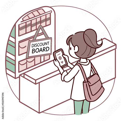Young woman using her smartphone to interact with a discount board in a retail store browsing for deals and promotions