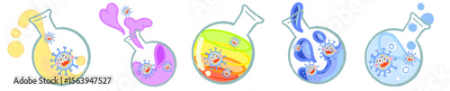 Cute Science Virus Characters in Laboratory Flasks for Fun Learning Art