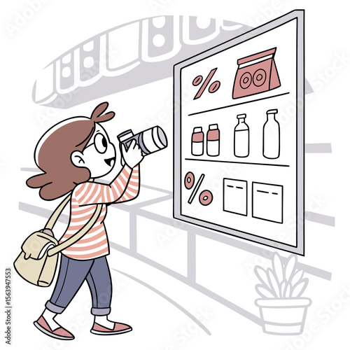 A young woman with a camera and a shoulder bag photographs products displayed on a shelf in a store capturing retail items