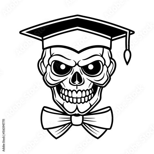 Skull wear graduation cap and bow tie vector line art illustration