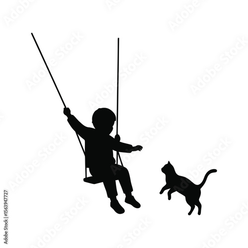 Child on swing with cat silhouette vector illustration black and white image playground kids pets fun playful friendship