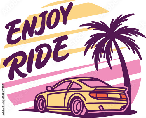 Enjoy ride vintage car design with palm tree and sunset styled background for graphic design.