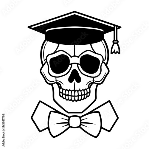 Skull wear graduation cap, sunglasses and bow tie vector line art illustration