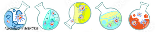Cute Science Virus Characters in Laboratory Flasks for Fun Learning Art
