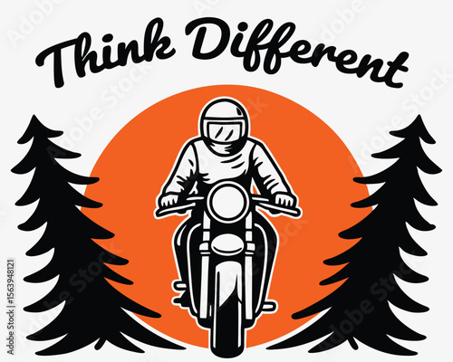 Creative illustration showcasing a motorcycle rider with the inspiring message of thinking differently amidst the trees.