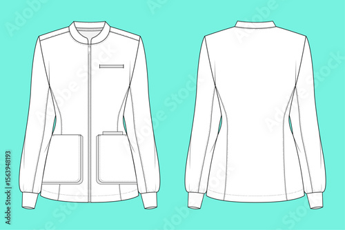 Women's Medical Scrub Jacket fashion flat sketch template outline CAD mockup.