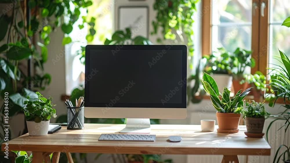 A wooden desk with a computer, keyboard, mouse, and various potted plants in a sunlit room