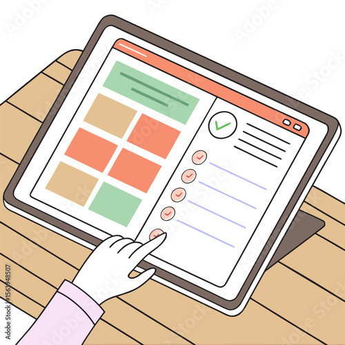 A hand is touching a tablet screen displaying a grid of colored squares and a checklist with completed items indicating task completion and digital interaction