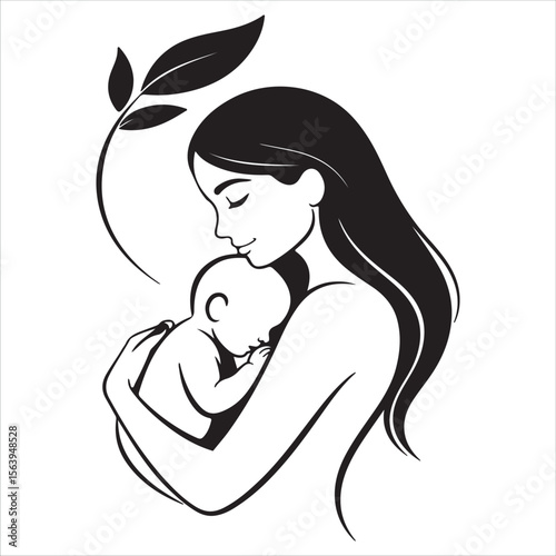 Stylized black and white illustration of a mother holding her sleeping baby with a leaf motif