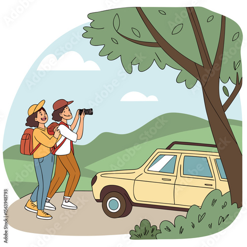 Two happy friends with backpacks and a car exploring a beautiful natural landscape with rolling hills and trees
