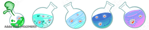 Cute Science Virus Characters in Laboratory Flasks for Fun Learning Art