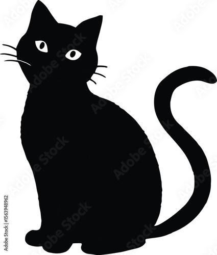 Silhouette Black and white cat sitting on white background vector illustration