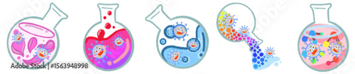 Cute Science Virus Characters in Laboratory Flasks for Fun Learning Art