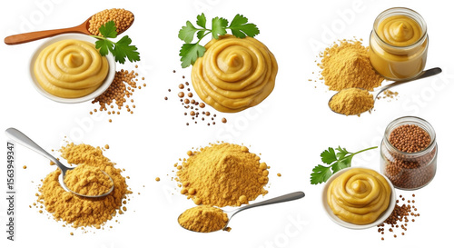 Variety of Mustard Types Including Whole Seeds and Creamy Paste for Culinary Uses, isolated on a transparent background