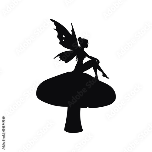 Silhouette of a fairy sitting on a mushroom fantasy illustration magical creature black and white vector art fairytale whimsical mystical