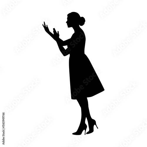 Stage actress silhouette performing with gestures on white background  