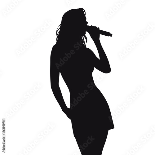 Female singer performing with microphone in silhouette style  