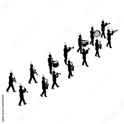 Marching band silhouettes playing instruments in formation  