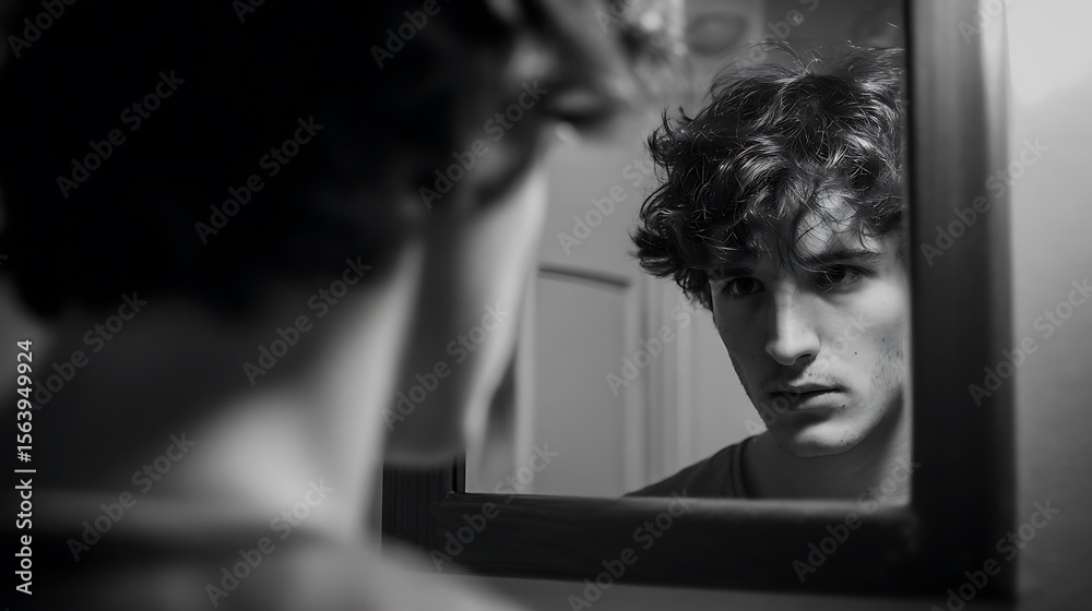 Obraz premium A monochrome portrait of a young man with curly hair looking at his reflection mirror