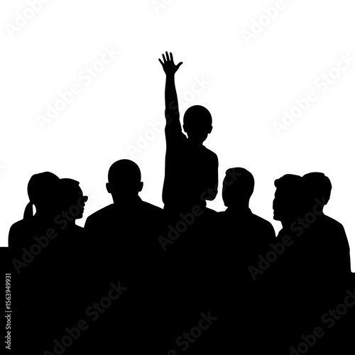 Child raising hand in classroom while peers observe in silhouette  