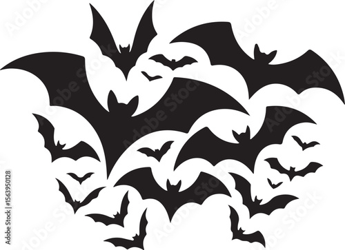 Spooky Bat Silhouette Swarm Against White Background
