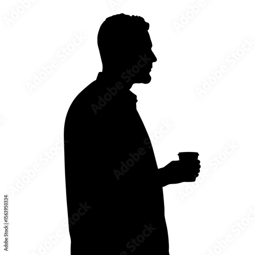 Man holding coffee cup in silhouette profile against white background  
