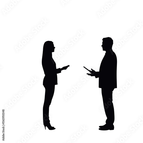 Silhouettes of woman and man holding smartphones and talking  