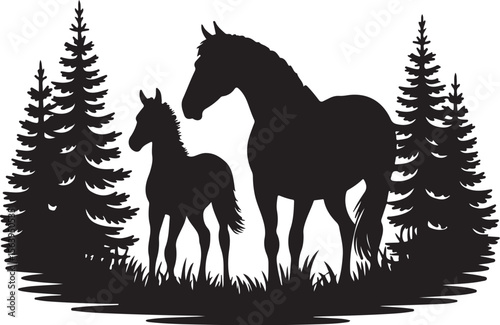 Horse and Foal Forest Silhouette vector 