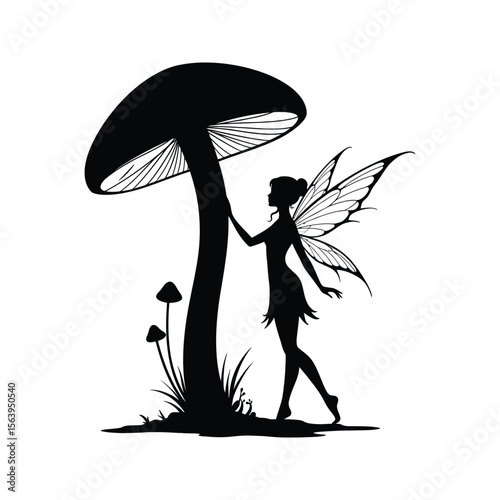 Silhouette of a fairy with wings near a giant mushroom and small mushrooms