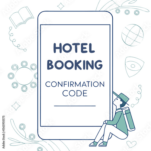 Modern illustration of a person with a backpack looking at a smartphone displaying hotel booking confirmation code with travel related icons