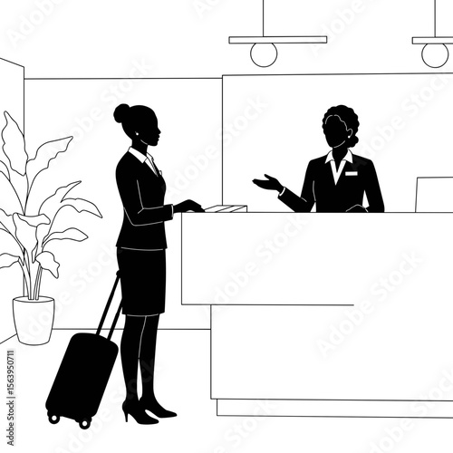 Businesswoman checking in at hotel reception with suitcase  