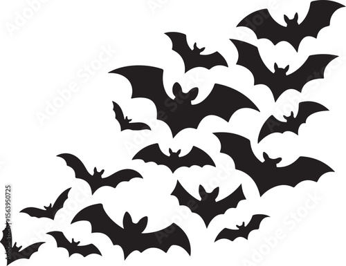 Spooky Bat Silhouette Swarm Against White Background