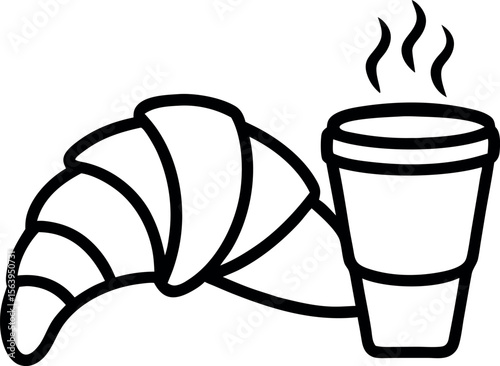 Croissant hot coffee cup line art icon on white background