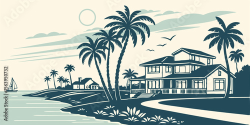 A silhouette of Palm Bay with waterfront homes, palm trees, and modern suburban development.