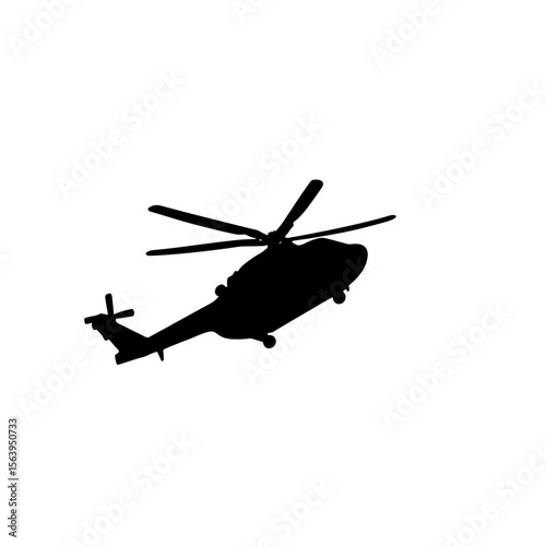 Helicopter silhouette in mid-air against a white background  