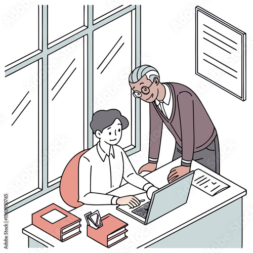 A senior man with glasses and a cardigan leans over a desk to assist a younger person working on a laptop in an office setting