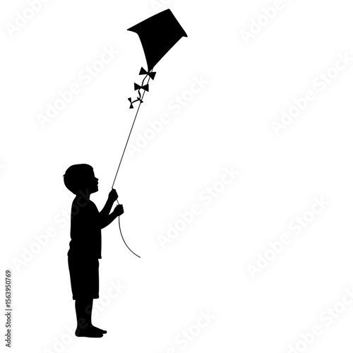 Silhouette of child flying a kite on white background  