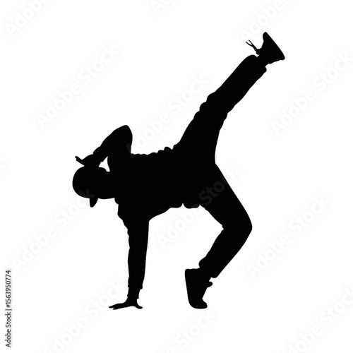 Breakdancer performing a freeze in silhouette on white background  