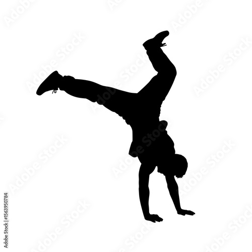 Man performing a breakdance handstand silhouette on white background  