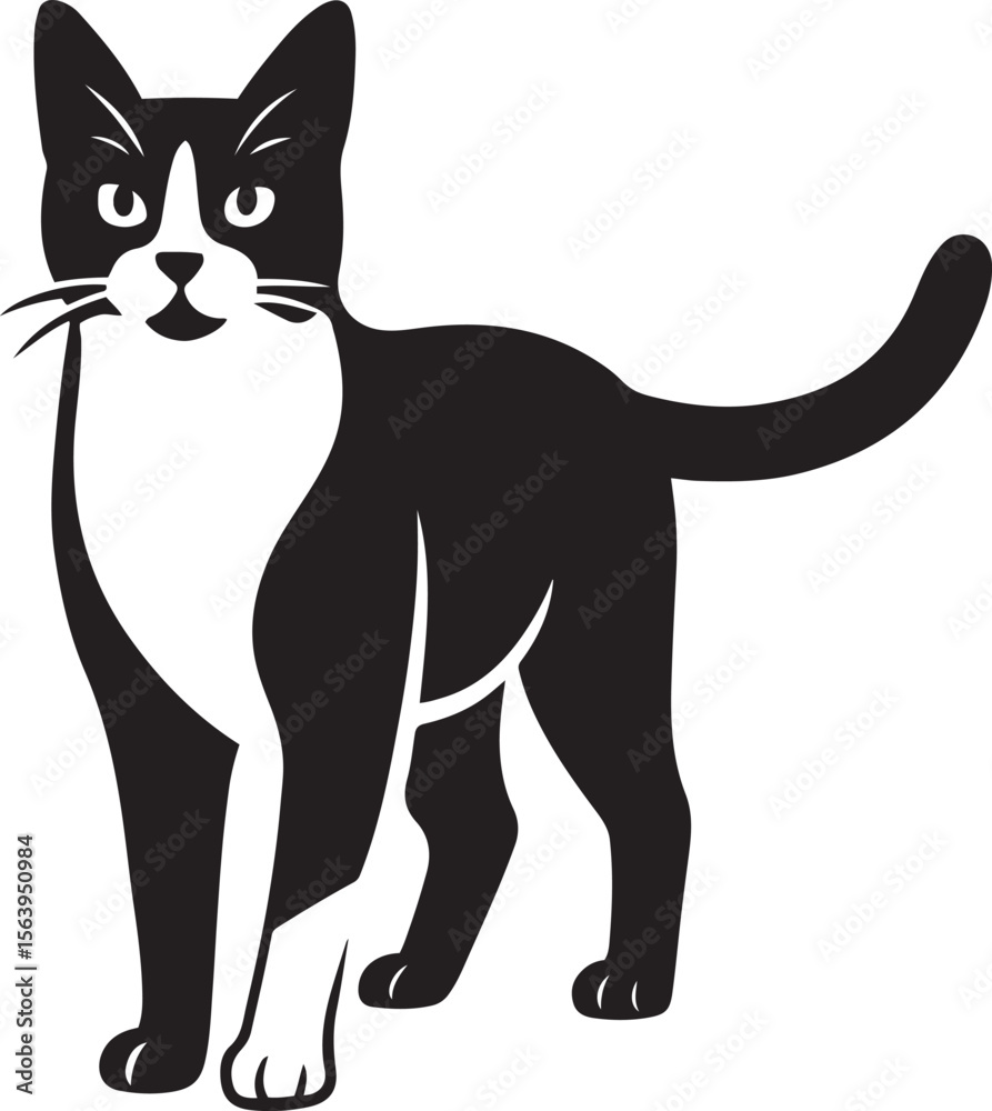 Fototapeta premium Cat silhouette for pet lovers design, Black and white cat minimal vector style