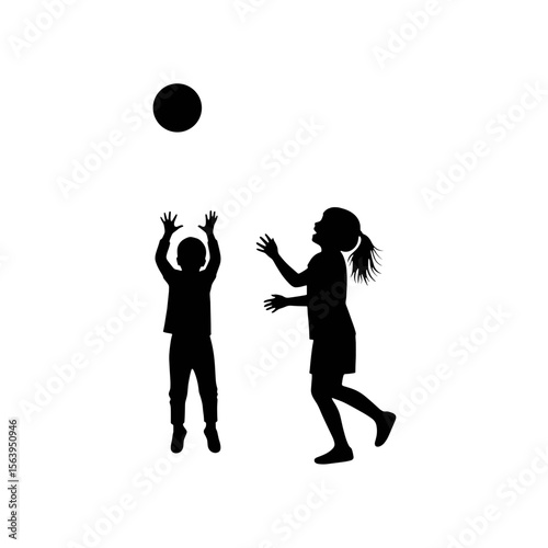 Two children playing and reaching for a ball on white background  