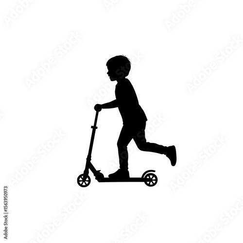 Young boy riding a scooter in silhouette on white background  