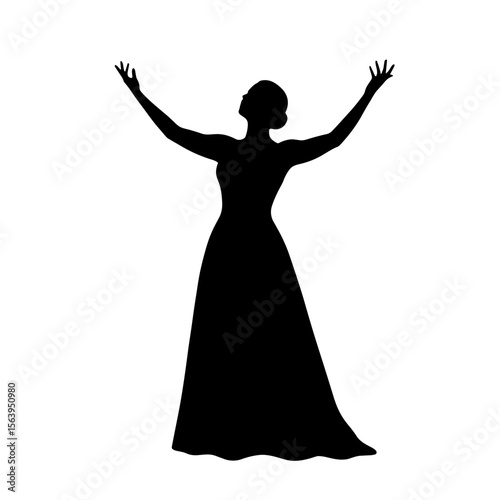 Opera singer silhouette performing with arms raised on white background  