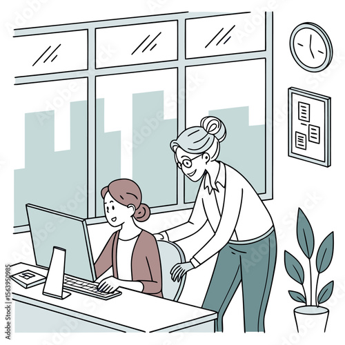 Experienced female mentor guides a younger colleague at a computer in a modern office with city views and a clock on the wall