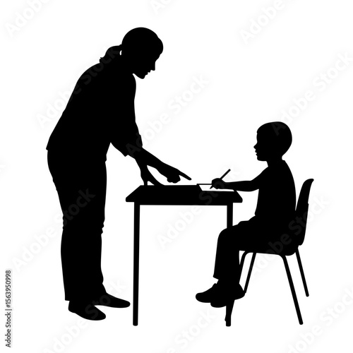 Adult teaching child at a desk in silhouette style  