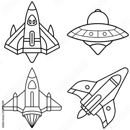 Spaceship Icon – Spacecraft Line Art Outline Vector Illustration