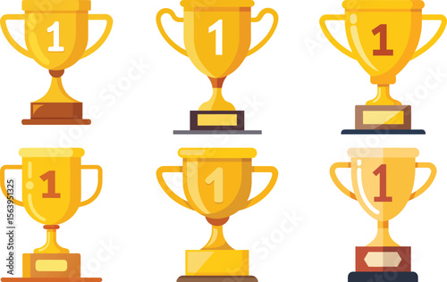 Vector art of six golden trophies with number one, isolated on transparent background, are perfect for celebrating victory and success