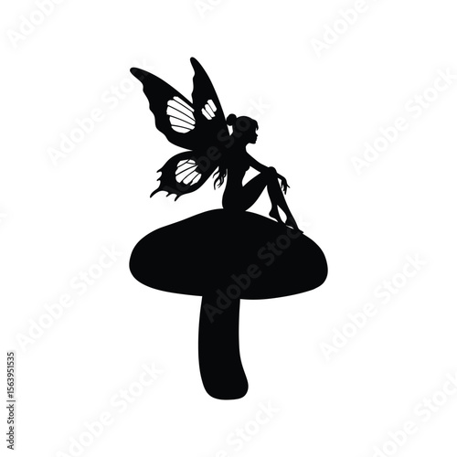 Silhouette of fairy sitting on a mushroom magical creature fantasy art black and white illustration